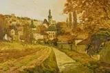 Autumn Path through Village by Malva, 1987, oil on canvas (unstretched), sold Jul 2020