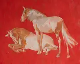 White Stallions on Red II by Ricard Arenys i Galdon, oil on canvas (unstretched), sold Jul 2020