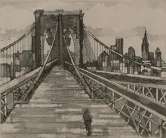Brooklyn Bridge by Jack Bilander, 1981, etching, sold Jul 2020