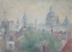 London View Through the Mist by Clara Klinghoffer, oil on canvas mounted to board, sold Jul 2020