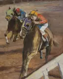 Red and Blue Jockeys by Pál Fried, oil on canvas (unstretched), sold Jul 2020