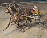 Yellow and Red Jockeys by Pál Fried, oil on canvas (unstretched), sold Jul 2020