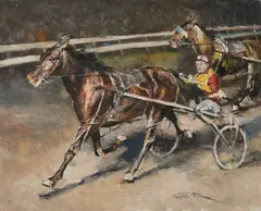 Jockeys by Pál Fried, oil on canvas (unstretched), sold Jul 2020