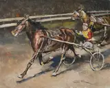 Jockeys by Pál Fried, oil on canvas (unstretched), sold Jul 2020