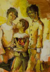 Harlequin in Yellow by Robert Aillaud Ayo, 1969, oil on canvas (unstretched), sold Jul 2020