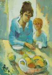 Mother and Child by Robert Aillaud Ayo, 1969, oil on canvas (unstretched), sold Jul 2020