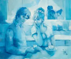 Cafe In Blue by Robert Aillaud Ayo, 1970, oil on canvas (unstretched), sold Jul 2020