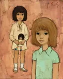 Two Girls on Pink with Doll by Claire Lier, oil on canvas (unstretched), sold Jul 2020
