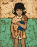 Girl with Doll on Green & Beige by Claire Lier, oil on canvas (unstretched), sold Jul 2020