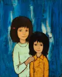 Two Girls on Blue by Claire Lier, oil on canvas (unstretched), sold Jul 2020