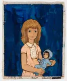Girl with Doll on Blue by Claire Lier, oil on canvas (unstretched), sold Jul 2020