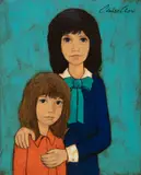 Two Girls on Blue by Claire Lier, oil on canvas (unstretched), sold Jul 2020