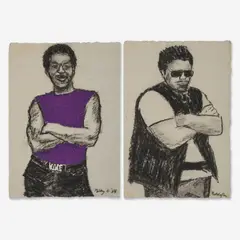 Group, two (2) Standing portraits by Bobby Goldmann, 1984, pastel on paper, sold Aug 2020