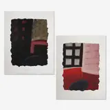 Two abstract interior scenes by Nancy Tokar Miller, 1990, acrylic on Twinrocker white feather paper mounted to heavy paper, sold Aug 2020