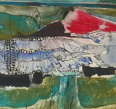 Untitled (Blue, green, red) by Benoît Gilsoul, watercolor and ink on paper, sold Aug 2020
