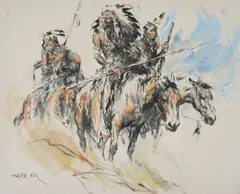 Indians by Pál Fried, charcoal and oil on canvas (unstretched), sold Aug 2020
