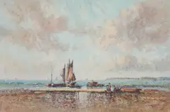 Beached Boats by Laszlo Ritter, oil on burlap (unstretched), sold Aug 2020