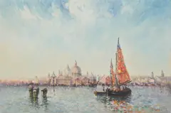 Sailboat in Venice by Laszlo Ritter, oil on canvas (unstretched), sold Aug 2020