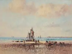 Ships by Laszlo Ritter, oil on burlap (unstretched), sold Aug 2020