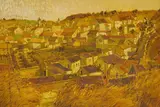 Autumn Village by Malva, 1981, oil on canvas (unstretched), sold Aug 2020