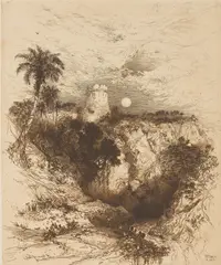 Tower of Cortez Mexico by Peter Moran, 1883, etching, sold Aug 2020