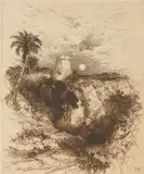 Tower of Cortez Mexico by Peter Moran, 1883, etching, sold Aug 2020