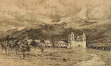 Santa Barbara Mission Founded 1786 by Peter Moran, etching, sold Aug 2020