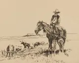 Untitled (Cowboy and Cattle) by William Elling Gollings, etching, sold Aug 2020