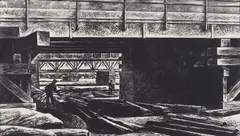 Bridges at Echo Bay by Lynd Ward, 1947, woodblock on paper mounted to mat, sold Aug 2020