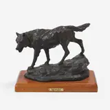Montana Wolf by Earl Heikka, bronze with black artist applied patina on wooden base, sold Aug 2020
