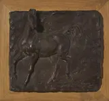 Horse Relief by Nina Akamu, bronze with artist applied brown patina on wooden base, sold Aug 2020