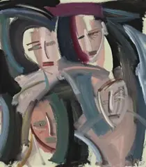 Four Heads (Female) by Vicki Varvaressos, 1987, enamel on board signed with initials and dated lower right: VV 87 bears inscription verso: “4 Heads - female” / V.VARVAR, offered Sep 2019