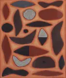 Desert Artefacts by John Coburn, synthetic polymer paint on paper signed lower right: Coburn inscribed with title below image: Desert Artefacts, sold Oct 2019