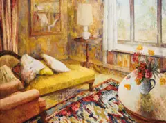 Interior In Yellow by Jean Appleton, oil on composition board signed lower right: Jean Appleton bears inscription verso: INTERIOR IN YELLOW / Jean Appleton, sold Oct 2019