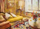 Interior In Yellow by Jean Appleton, oil on composition board signed lower right: Jean Appleton bears inscription verso: INTERIOR IN YELLOW / Jean Appleton, sold Oct 2019