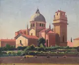 Church On The Banks Of The Adize, Verona by Douglas Dundas, 1928, oil on canvas on board signed and dated lower left: D. R. DUNDAS 28 bears inscription with title on label verso: Church, sold Oct 2019