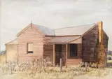 Weatherboard Cottage Near Scone, N.S.W. by Helen Ogilvie, 1979, tempera on board signed and dated lower right: H OGILVIE 79 inscribed with name, date and title on artist’s label verso:, offered Oct 2019