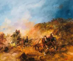 When Cobb And Co. Was King by Hugh Sawrey, oil on canvas on composition board signed lower right: SAWREY signed and inscribed with title verso: “WHEN COBB + CO. /, sold Oct 2019