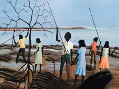 Crabbing by Dick Goobalathaldin Roughsey, 1984, oil on board dated lower left: 84 inscribed with title verso: Crabbing / M. Is [Mornington Island], sold Oct 2019