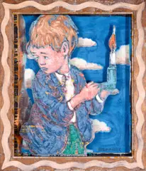 Boy by David Bromley, c.2012, oil and collage on board, offered Feb 2020