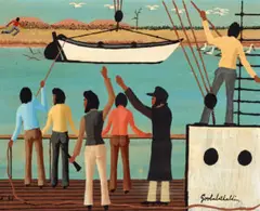 Jacky–Jacky Arrives Cape York Alone by Dick Goobalathaldin Roughsey, 1983, oil on composition board, sold Feb 2020