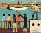 Jacky–Jacky Arrives Cape York Alone by Dick Goobalathaldin Roughsey, 1983, oil on composition board, sold Feb 2020