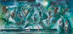 Trapping The Flying Fox, New Guinea by William Dobell, 1964, oil on board, sold May 2020