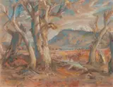 Flinders Ranges Landscape With Gums by Hans Heysen, pastel on paper, offered Aug 2020