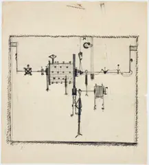 Study For The Engineer’S Workshop by Edwin Tanner, 1957, pen and pencil on paper, sold Mar 2021