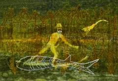Man Bird And Fish, Papua New Guinea by Sidney Nolan, 1965, wax crayon and fabric dye on paper on board, sold Aug 2021