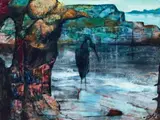 Water Bird And Rocky Landscape by Clifton Pugh, 1967, oil on composition board, sold Aug 2021