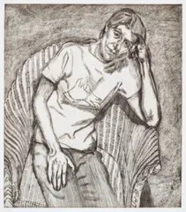 Bella In Her Pluto T-Shirt by Lucian Freud, 1995, etching on Somerset Satin White paper, sold Sep 2021