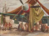 Kittyhawk Inspection by Harold Freedman, 1945, oil on canvas on composition board, sold Sep 2021