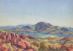 Finke Gorge Glen Helen by Albert Namatjira, c.1954, watercolour on paper, sold Sep 2021